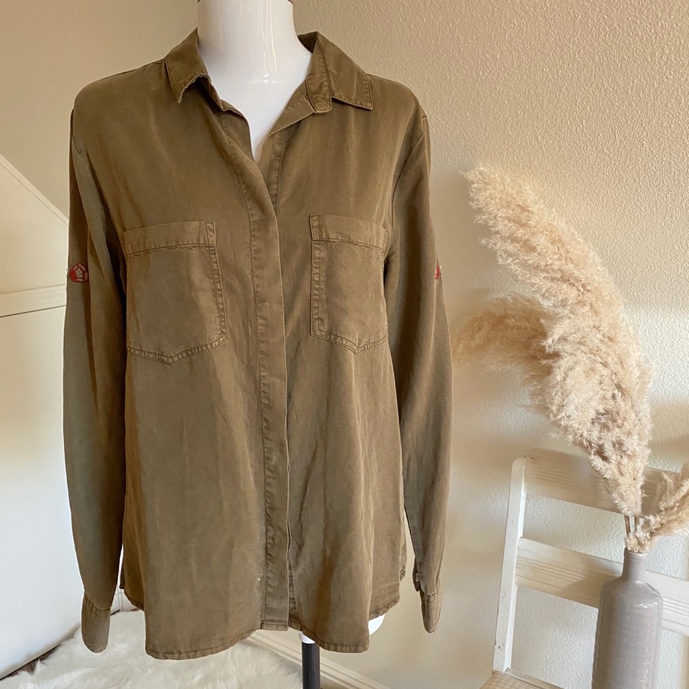 Francesca’s Olive Green Embroidered Flannel Top